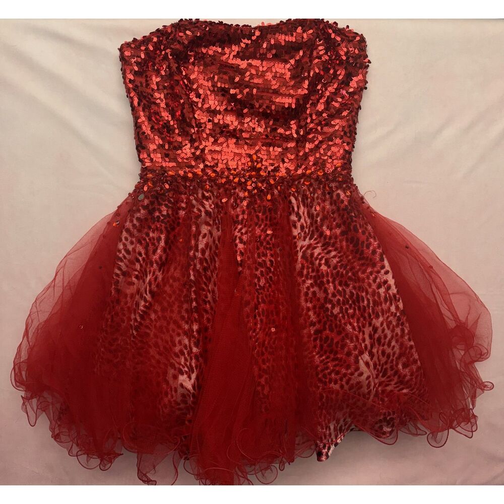 Y2K Red Sequin Strapless Leopard Tulle Party Mini Dress Hannah S